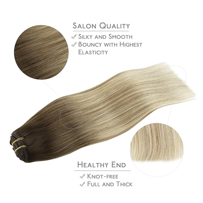 WENNALIFE Clip in Hair Extensions Real Human Hair, 20 Inch 120g 7pcs Ombre Walnut Brown to Ash Brown and Bleach Blonde Clip in Human Hair Remy Clip in Hair Extensions Real Human Hair Double Weft