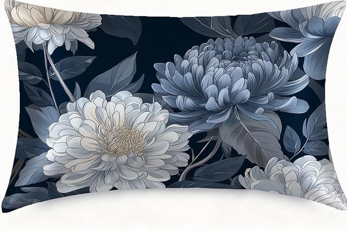 Satin Pillowcase with Zipper for Hair and Skin White and Blue Petals and Leaves 1 Pack Soft Silk Pillow Case Standard Size Wrinkle-Free Smooth and Cooling Satin Pillow Cover 20”x26”