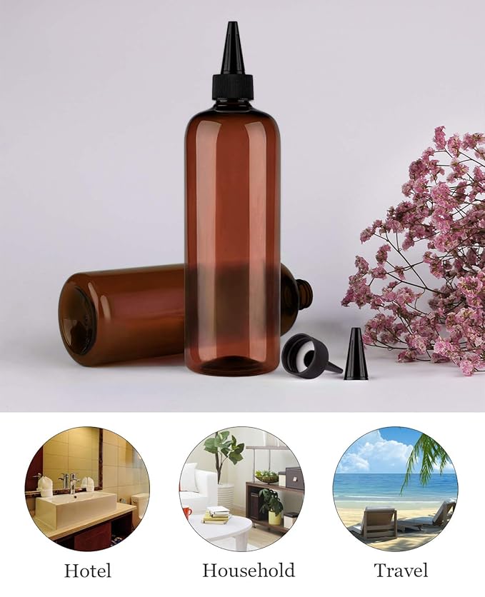 Amber Squeeze Hair Color Applicator Bottle 16 Ounce for Hair, PET Plastic Refillable With Twist Top Cap - 2 Pack, Brown