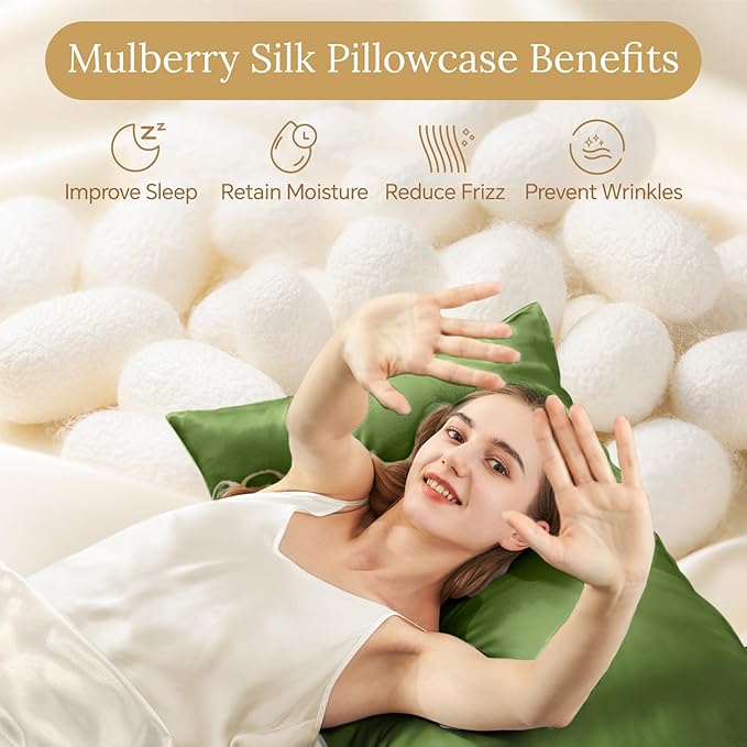 INFIIXSO Silk Pillow Cases 2 Pack Standard Size, Ultra Smooth & Soft Mulberry Silk Pillow Case for Hair and Skin, Breathable Cooling Silk Pillowcase with Hidden Zipper (Cedar Green, 20x26 Inches)