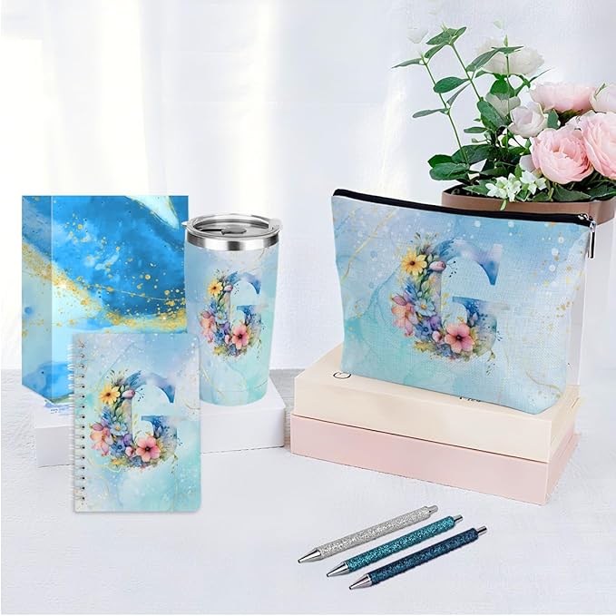 Personalized Gifts Monogrammed Birthday Gifts for Women, Mentor Employee Appreciation Christmas Initial 20 oz Tumbler, Makeup Bag Cup Ballpoint Pens Journal Notebook 6 Set, (Aesthetic Blue Flower G)
