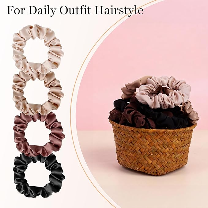 Ultra-Petite Satin Scrunchies for Women – 8PCS Neutral Hair Ties (Black, Blonde, Dark Brown, Light Brown) – Softer Than Silk, No Crease, Frizz-Free, Gentle Elastic Bands for Day & Night, Perfect Gifts