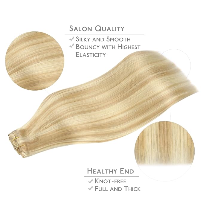 WENNALIFE Clip in Hair Extensions Real Human Hair, 22 Inch 130g 7pcs Remy Hair, Light Blonde Highlighted Golden Blonde Straight Natural Extensiones De Cabello Humano Con Clip Ins