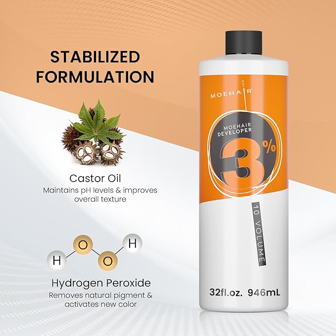 MOEHAIR Hair Color Developer 3% Hydrogen Peroxide, 10 Volume Creme Developer for Hair Coloring and Bleaching, Paraben-Free, Peach Fragrance 32 Fl. Oz