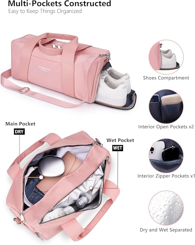 Compact Sports Gym Bag for Women Girls, Cute Mini Duffle Bag with Wet Pocket & Shoes Compartment, Personal Item Travel Workout Bag, 16"-Small, Pink