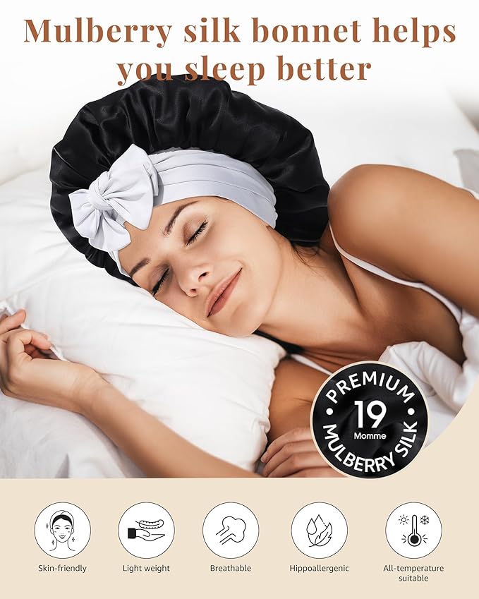 AWAYTR Silk Bonnet for Sleeping Women 100% Mulberry Silk Bonnet with Band 2 Layer Reversible Hair Bonnet Sleeping Hair Wrap (Black/Silver Grey)