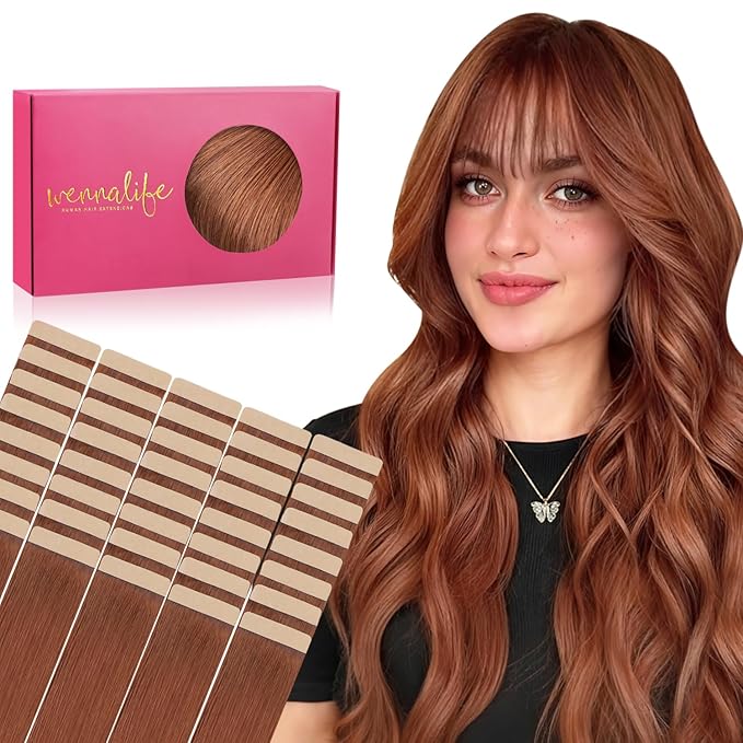 WENNALIFE Tape in Hair Extensions Human Hair, 40pcs 100g 20 inch Dark Auburn Copper Hair Extensions Real Human Hair Straight Tape in Extensions Invisible Human Hair Extensions Reusable Real Hair Exten