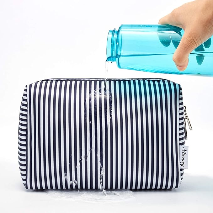 Narwey Cute Makeup Bag Travel Cosmetic Bag Organizer Toiletry Bag Make Up Bags with Compartments for Women Girls (Large, Blue Stripe)