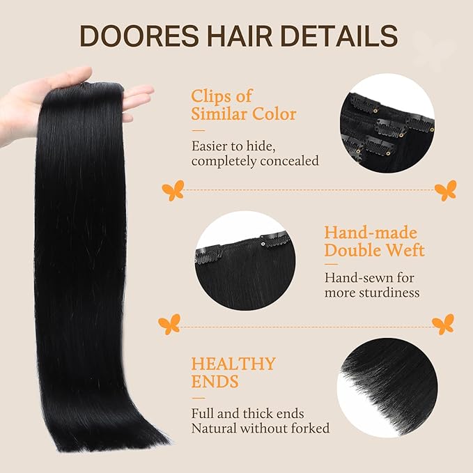 DOORES Hair Extensions Clip in Human Hair, 80g 5pcs Natural Black 20 Inch Clip in Human Hair Extensions Natural Hair Extensions Straight