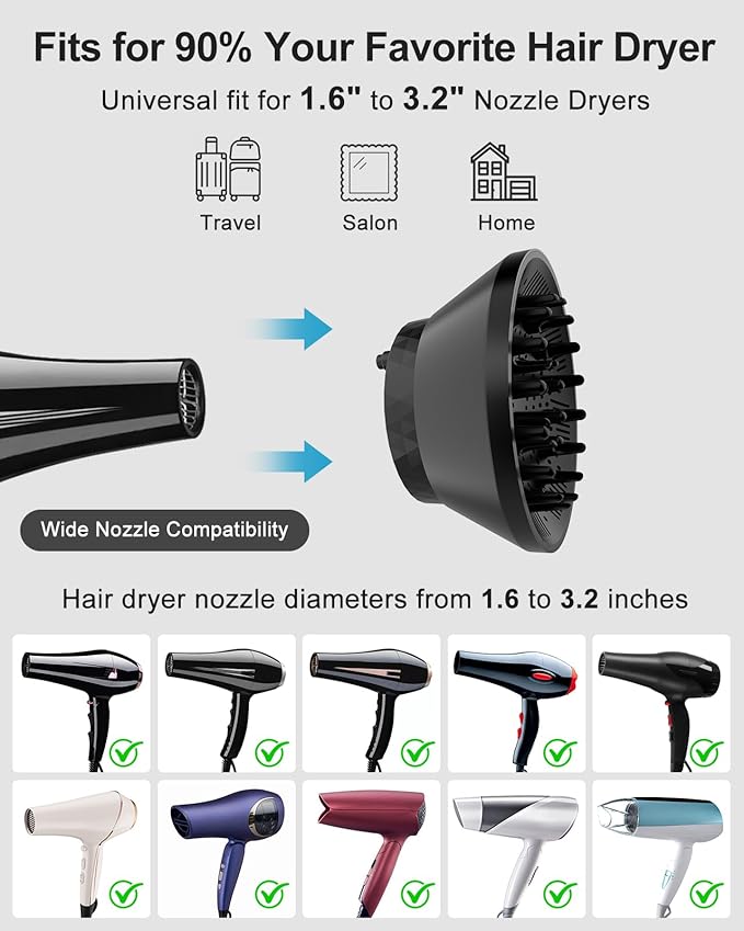 Universal Hair Dryer Diffuser, Foldable Diffuser Attachment for Curly & Wavy Hair, Fits 1.6" to 3.2" Nozzle Dryers, Enhances Curls Definition & Reduces Frizz for Natural Hair(Black)