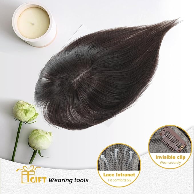 100% Real Human Hair Topper for Women Human Hair Bangs for Women 10 inch Dark Brown Hair Hoppers Clip in Bangs Swiss Base Hairpieces for Thinning Hair#2