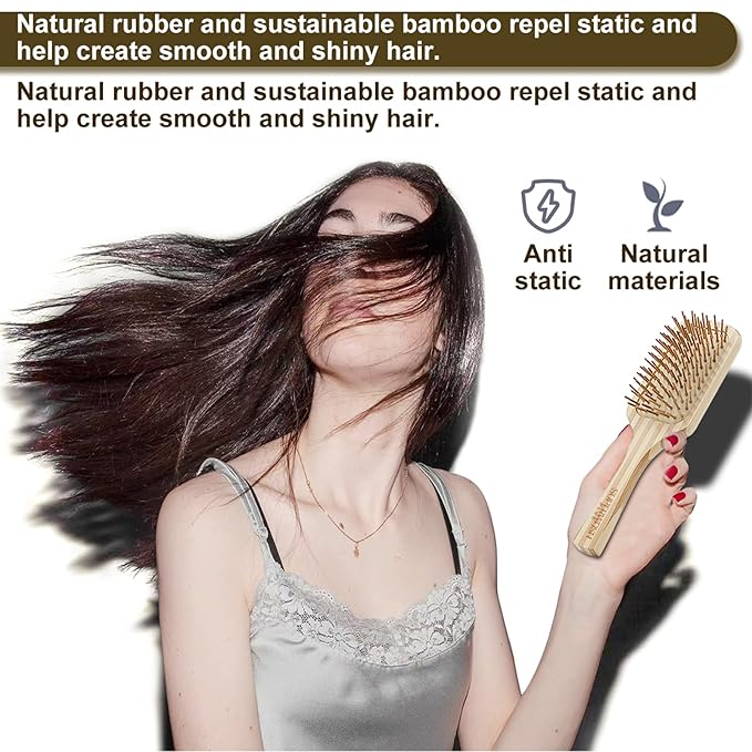 Bamboo Wood Hair Brush Large Paddle for Women, Natural Bamboo Wooden Bristles Scalp Massager, Flat Detangling Hairbrush Fit All Types Hair