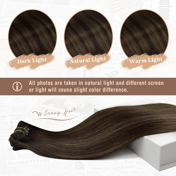 Ve Sunny Clip in Hair Extensions Real Human Hair 20inch Human Hair Clip in Extensions Dark Brown with Medium Brown Remy Hair Extensions Clip ins for Women 120g