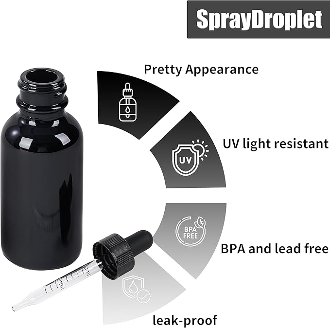 12 Pcs, 1oz Glass Dropper Bottle, Leakproof Tincture Bottles with Dropper, Black Reusable Eye Dropper Bottle for All Kinds of Liquids (Black,1oz-12pcs)