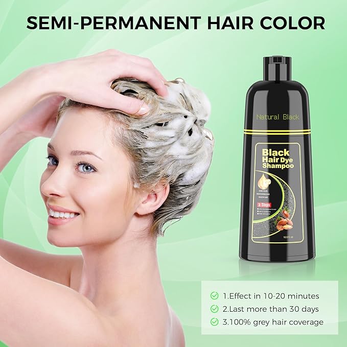 Black Hair Dye Shampoo for Woman & Man, Argan Hair Color Shampoo 3 in 1, Semi-Permanent Gray Hair Coverage, Mild Formula, Lasts 30 Days(16.90 oz)