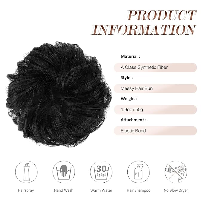 FESHFEN Messy Bun Hair Piece - Large Elastic Wavy Curly Hair Bun Scrunchies Ponytail Extensions Synthetic Chignon Hairpieces for Women, Natural Black 1.94oz