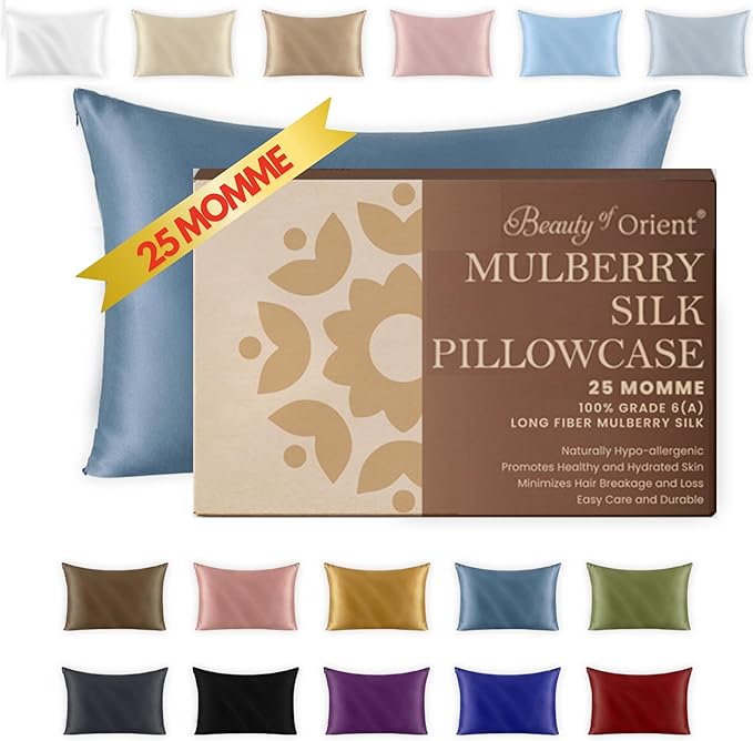 25 Momme Premium Mulberry Blue Silk Pillowcase for Hair and Skin | Handcrafted Hypoallergenic & Anti-Acne Silk Pillow Cases with Zipper | King - 20" x 36", Ocean
