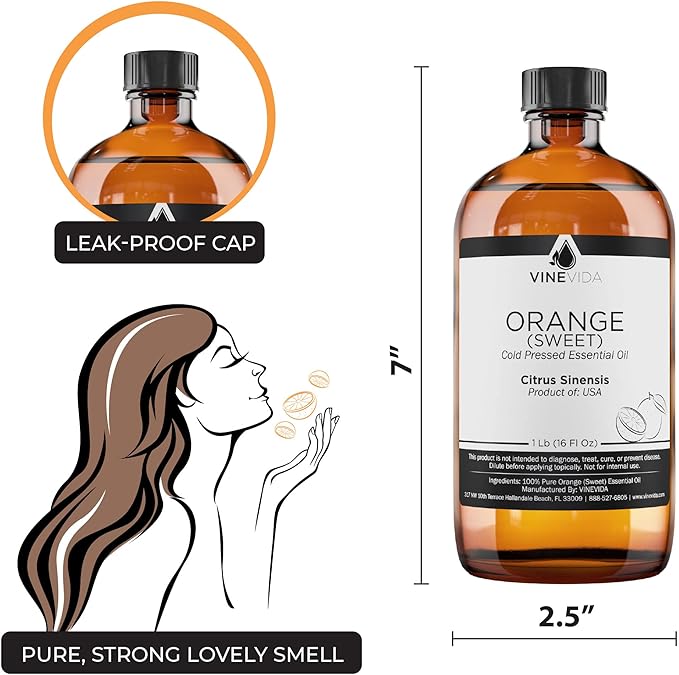 VINEVIDA Orange Sweet Essential Oil - 16 oz - Undiluted - DIY Candle Scents - Bulk for Soap Making & Skin Safe