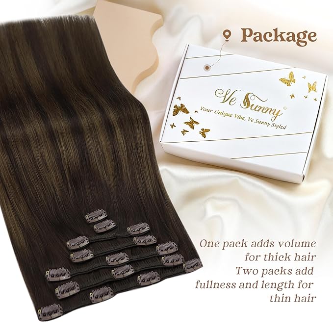 Ve Sunny Clip in Hair Extensions Dark Brown Balayage Medium Brown Remy Hair Extensions Real Human Hair for Women Thickness 16inch 100g 7pcs