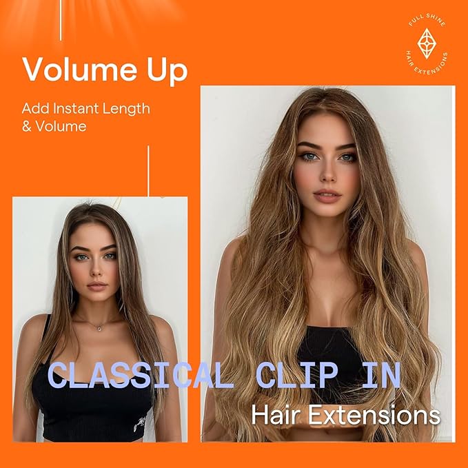 Full Shine Human Hair Clip in Extensions Brown Hair Extensions Clip in Human Hair 18 Inch Medium Brown Ombre Caramel Blonde Invisible Hairpiece for Long Straight Hair 7 Pcs 120 G