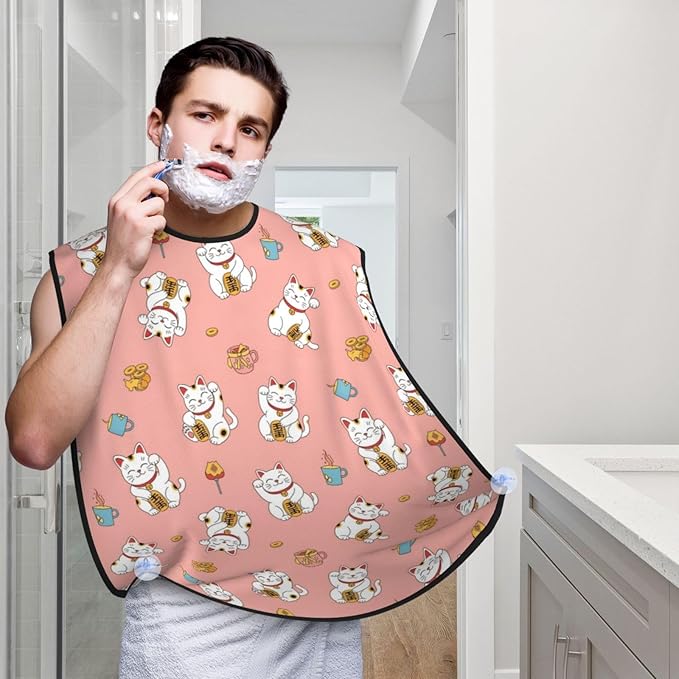 Non-Stick Beard Shaving Bib, Hair Catcher Apron with Suction Cups, Waterproof Grooming Tool for Men Husband, Lucky Cat Pink Shave Bib