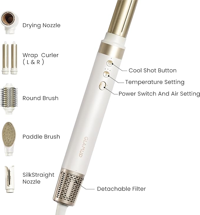 GLAMUP® 6 in 1 Hot Air Styler, Tight Grip, Powerful High Speed Dryer, Volumizer, Blow Dryer Brush, Curling Volumizing Hair Styler Gift Set with Travel Bag