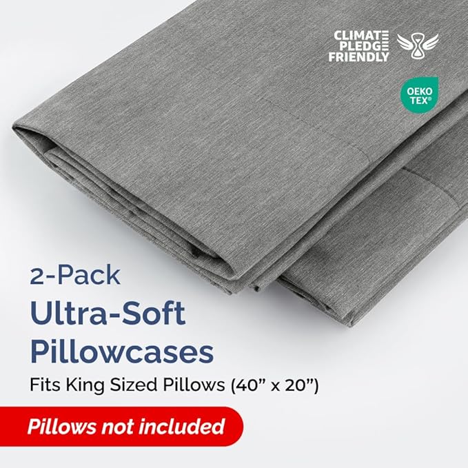 King Pillow Cases Set of 2 - Ultra Soft Hotel Quality Pillowcase Covers - Comfy, Cozy & Wrinkle Free - Shrinkage and Fade Resistant - Machine Washable Pillow Protectors - 2 Piece Set - Heathered Grey