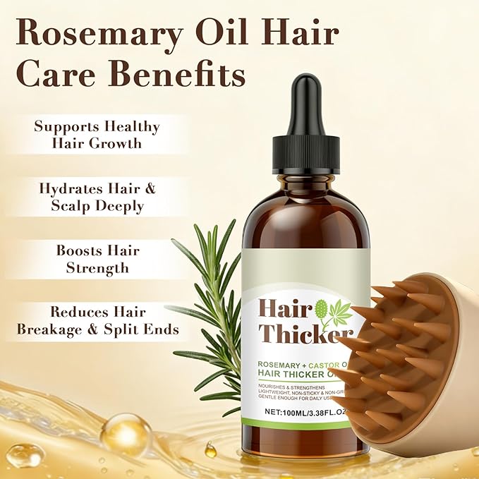 Organic Rosemary & Castor Hair Growth Oil + Scalp Massager Set, Hair & Scalp Care Oil, Lightweight Moisturizing Formula for for Dry, Damaged & Split End 1pc