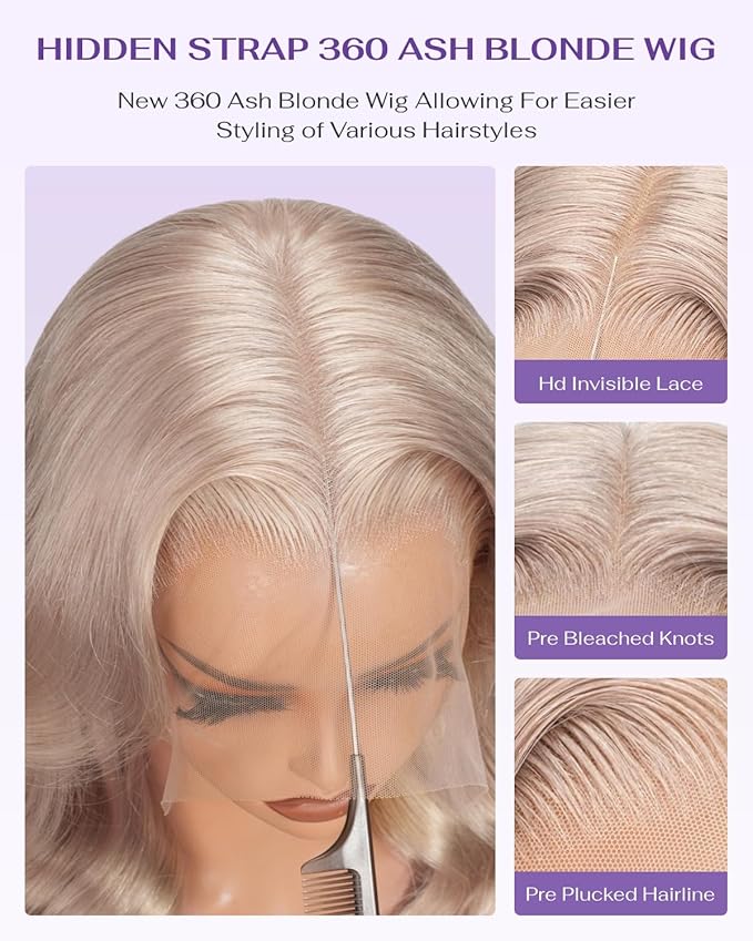 Hidden Strap Milk Tea Ash Blonde Wig Human Hair Body Wave 360 Lace Front Wig Human Hair Ombre Glueless Wigs Pre Bleached Bleached Knots 180% Density Drawstring HD Full Lace Wigs 30Inch