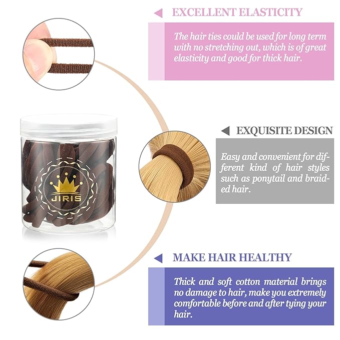 50Pcs Brown Hair Ties for Women Girls,Cotton Seamless Hair Ties, Soft Ponytail Holders,No Crease No Damage Elastics Hair Bands with Box for Thick Heavy and Curly Hair (Brown)