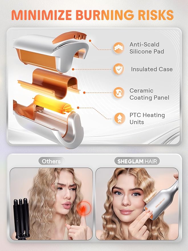SHEGLAM Hair Beach Babe Hair Waver 2 Barrel Crimper 1 Inch with Smart Timer & Adjustable Temps Dual Voltage, Anti-Scald, Easy to Use