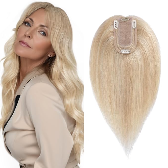 SEGO Real Human Hair Topper for Women without Bangs, Hair Topper with Anti-Slip Clips (16 Inches Ash Blonde Mix Bleach Blonde)