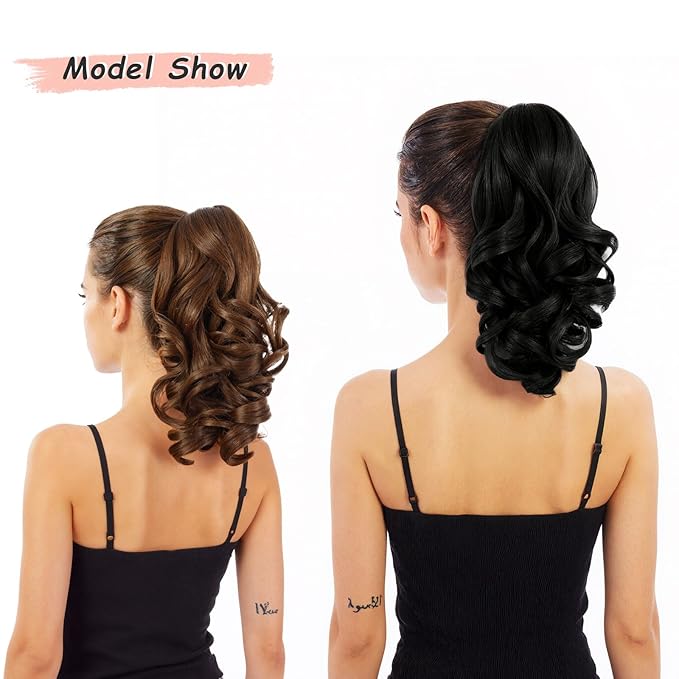 Ponytail Extension, Clip on Ponytails for Women, 12" Claw Clip in Short Curly Wavy Pony Hair Extension for Women - Brunette