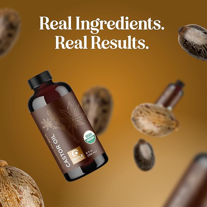 Organic Castor Oil Glass Bottle - 100% Pure Castor Oil Organic Cold Pressed Unrefined Glass Bottle - Extra Virgin Non GMO Hexane Free Cruelty Free Dermatologist Tested and USDA Certified (8 Fl Oz)