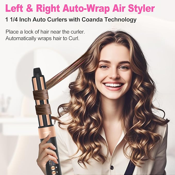 Air Styler Hair Dryer Brush - 110,000 RPM Flexible Hair Styler for Fast Drying/Rotating Curling/Volumizing/Straightening, Auto Wrap Curlers, High-Speed Oval Blow Brush Hair Dryer (Black-Brass)