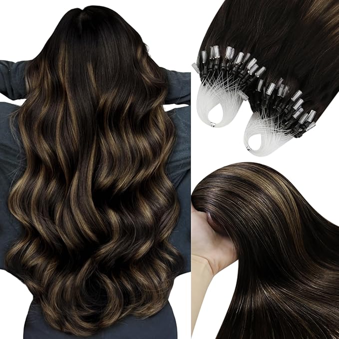 YoungSee Micro Bead Hair Extensions Real Human Hair Brown Micro Loop Hair Extensions Human Hair Dark Brown Balayage Bead Hair Extension 22 Inch Ombre Micro-Link Hair Extension Soft for Wedding 50g 50s