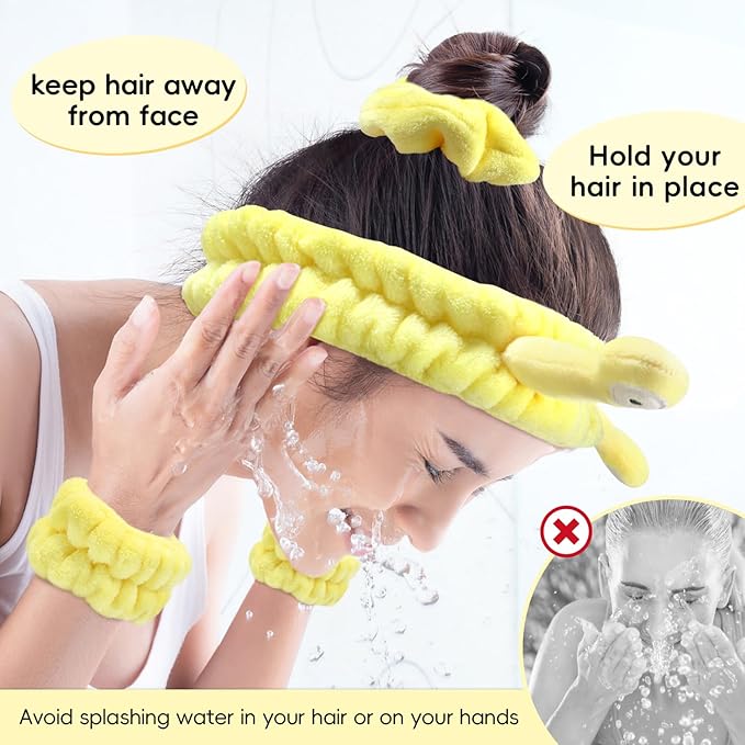 Face Wash Headband, Skincare Wrist Bands For Washing Face Set Spa Hair Bands come with a Hair Scrunchie, Cute Yellow snail tentacle Elastic Headband, For Face Washing Makeup Skincare (Yellow)
