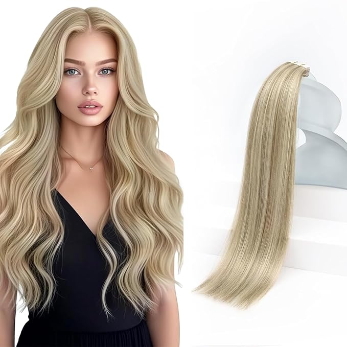 Sunny Hair Tape in Hair Extensions Real Human Hair Invisible Remy Hair Extensions Tape ins for Women Golden Blonde Highlight Medium Blonde 20 inch 20Pcs 50G