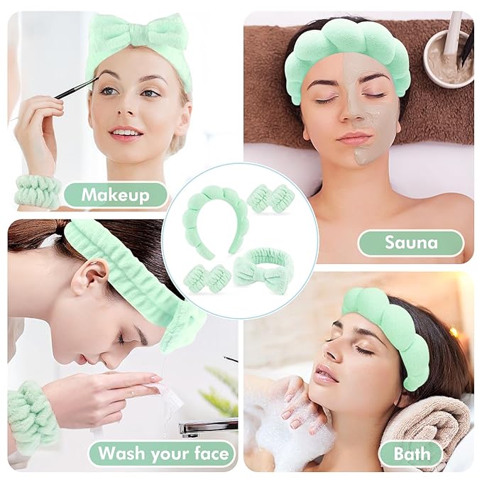 Zkptops 6Pcs Spa Headband for Washing Face Wristbands Set Women Bubble Skincare Makeup Sponge Terry Cloth Padded Puffy Headband Bow Tie Hairband Cute Non Slip Thick Hair Accessory Gifts (Light Green)