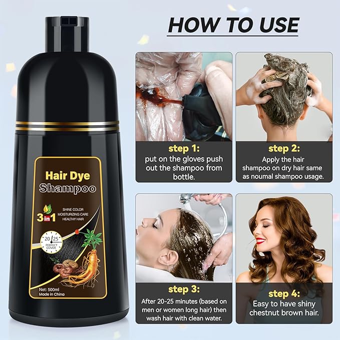 Hair Dye Shampoo 3 IN 1, Hair Color Shampoo for Gray Hair Coverage for Women Men, Herbal Formula, Lasts up to 30 Days (16.9 Fl Oz)