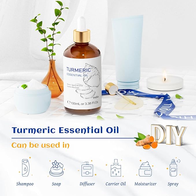 HIQILI 100ML Turmeric Oil for Face Skin Care, Aromatherapy,100% Pure, Use After Dilution- 3.38 Fl Oz