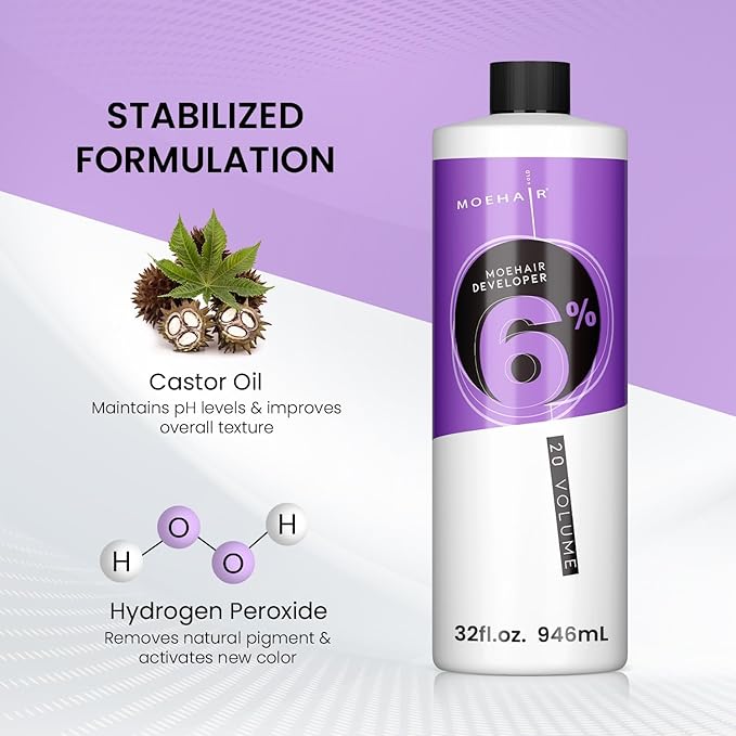 MOEHAIR Hair Color Developer 6% Hydrogen Peroxide | 20 Volume Cream Developer for Hair Coloring and Bleaching | Suitable for Covering Grays | Salon-Grade | Paraben-Free - 32 Fl. Oz (Pack of 2)