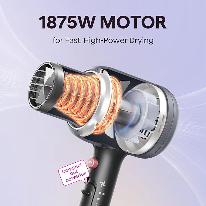 Wavytalk Blow Dryer, Blown Away Ionic Hair Dryer for Curly Hair with Diffuser, 1875W Fast Drying Blow Dryer with Ceramic Technology, 3 Attachments for All Hair Types, Light and Quiet, Grey