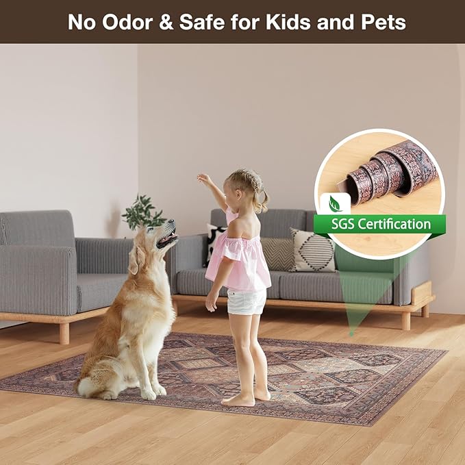 Floor Mat for Home 5×7ft, Easy Clean Plastic Rug-Like Pattern Area Mat for Living Room, Waterproof Vinyl Area Rug for Under Kitchen Table, No Slip Soft Vintage Rug for High Traffic Area (Brown)