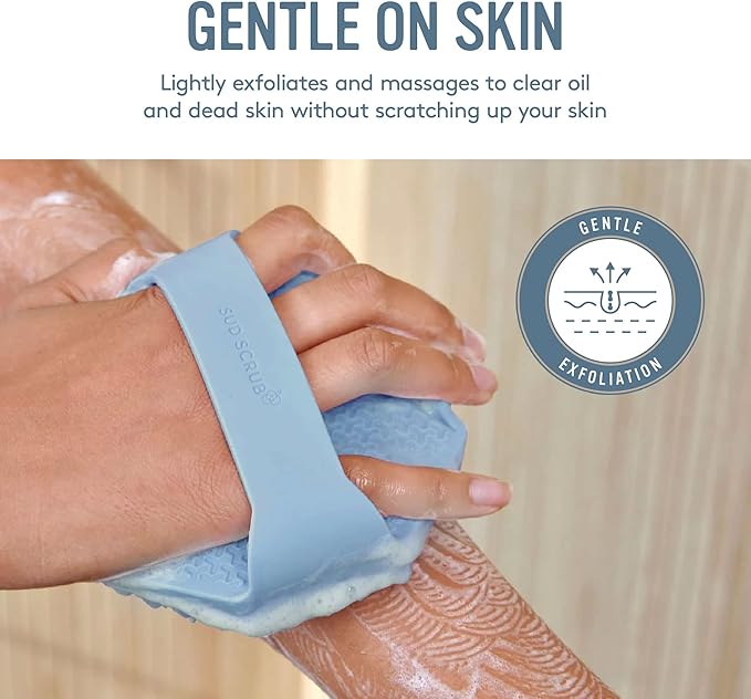 Sud Scrub® Antimicrobial Silicone Body Scrubber, Exfoliating Body Scrubber for Sensitive Skin, Eco Friendly Shower Scrubber for Body, Silicone Body Brush for Showering, Blue