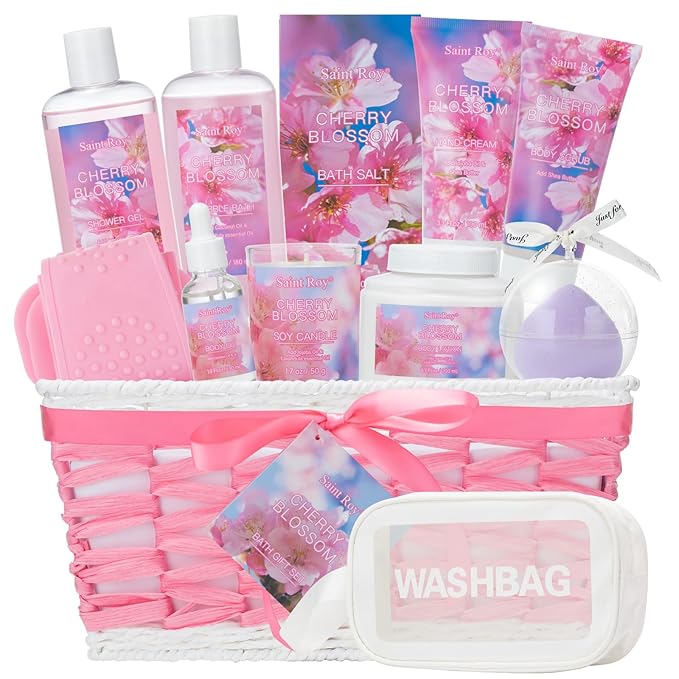 Bath & Body Gift Set, Luxury Home Spa Bath Gift Basket, Cherry Blossom spa kit for women,bath basket Christmas Gifts for Women & Teens, 12 Pcs Bath Spa Kit for women Body Kit Birthday Gift Christmas
