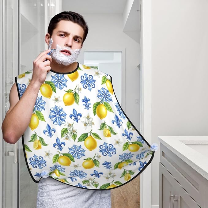 Adjustable Non-Stick Beard Apron, Hair Catcher Cape for Shaving Grooming, Waterproof with Suction Cups Men, Watercolor Blue White Flowers Lemon Tree Leaf Floral Shave Bib