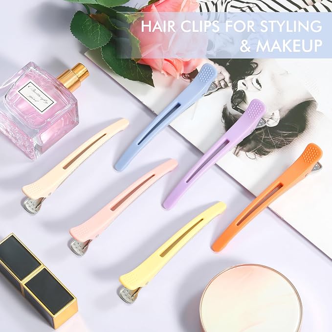 12PCS Hair Clips for Styling Sectioning - Non Slip No Crease Duck Billed Hair Clips for Women with Silicone Band - Professional 4.3 Inch Large Salon Hair Cutting Clips for Hairdresser - Macaron