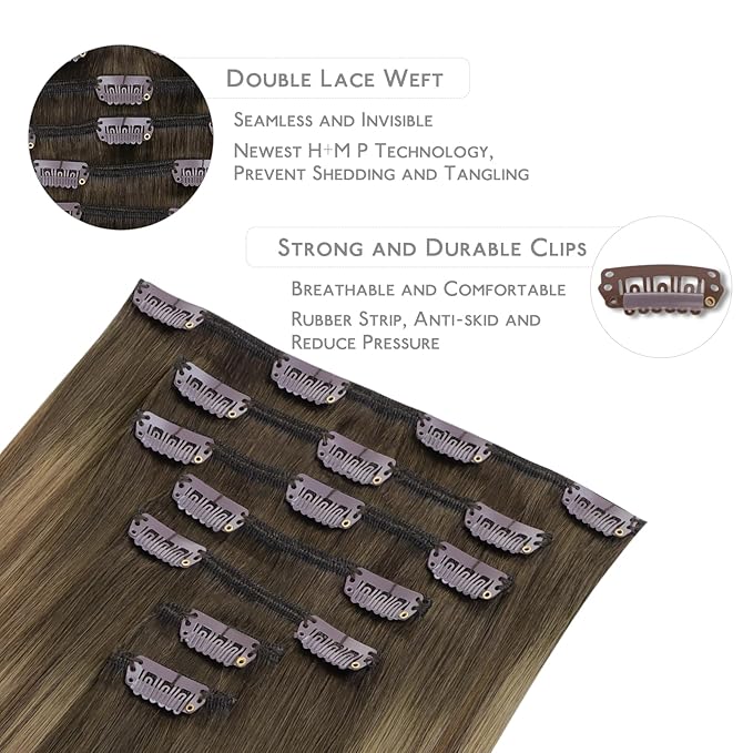 WENNALIFE Clip in Hair Extensions - Real Human Hair, 24 Inch 120g 7pcs, Light Ash Brown to Warm Chocolate Highlighted Caramel Blonde