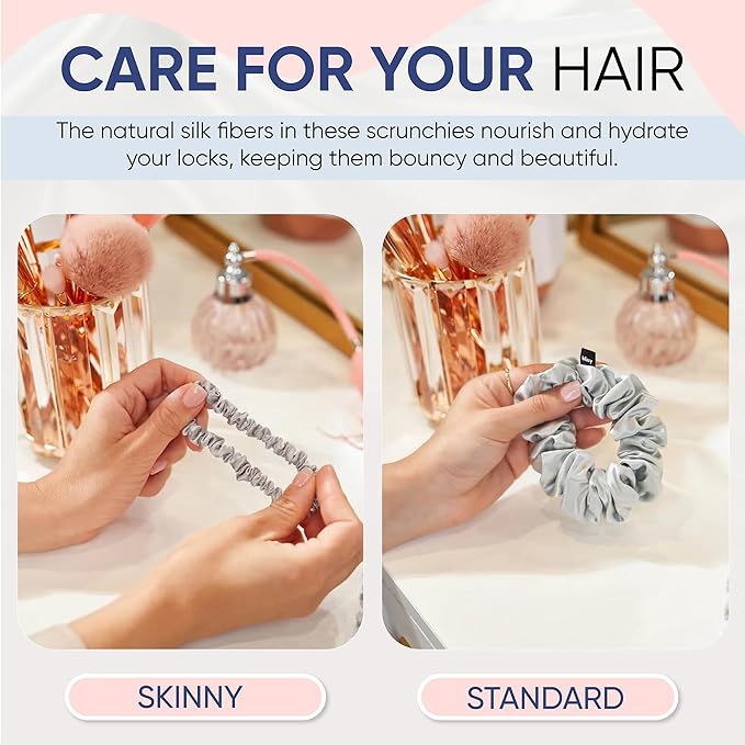 Blissy Silk Scrunchies (3 Pack) - 100% Pure Mulberry Silk - 22 Momme 6A High-Grade Fibers Scrunchie for Straight & Curly Hair - Preventing Breakage, Tangling, & Creasing (Silver Regular)